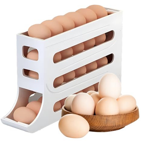 Ikaif 4-Tier Auto Rolling Egg Dispenser, Space-Saving Egg Holder for Fridge and Countertop, Durable Plastic Kitchen Egg Organizer (White)