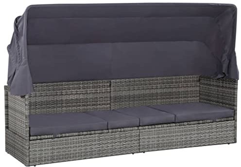 Willood Gartenbett mit Baldachin mit Vordach Grau 205×62 cm Poly Rattan Gartensofa Gartenmöbel Gartenliege Loungebett Outdoor Tagesbett Sofa Garten Schlafsofa Sofa
