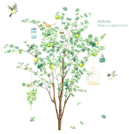 Fruit Tree Wall Stickers Large Green Leaves Birds Peel and Stick Wall Decals for Living Room Bedroom TV Background Wall Decor (W:107cm,H: 95cm)