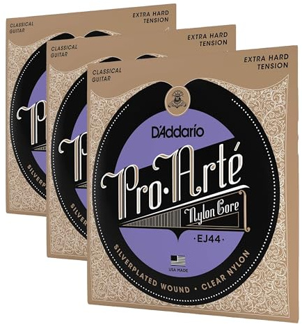 D'Addario Guitar Strings - Pro-Arte Classical Guitar Strings - EJ44 - Nylon Guitar Strings - Silver Plated Wound, Nylon Core - Extra-Hard Tension, 3-Pack