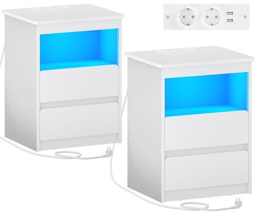 Brinlawb Nachttisch 2er set mit Steckdose und LED-Beleuchtung(2 AC-Steckdosen, 2 USB-Anschlüsse) Weiß Nachtschrank 2er set mit 2 Schubladen Beistelltisch Bedside Table Nachttisch Weiß für Schlafzimmer