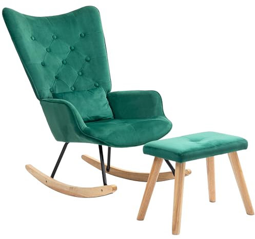 HOMCOM Schaukelstuhl mit Hocker, Schaukelsessel mit Lendenkissen, Schwingsessel aus Samtoptik, Holzbeine, Relaxsessel, Stillsessel für Wohnzimmer, Schlafzimmer, Grün