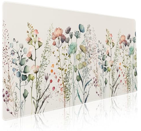 Cute Wild Flowers Mouse Pad XXL Boho Aesthetic Floral Chic Plant Extended Table Mat 90X40 cm Non-Slip Rubber Base Stitched Edge Large Mousepad for Gaming Laptop Computer Desk Top 35.4×15.7 Inch