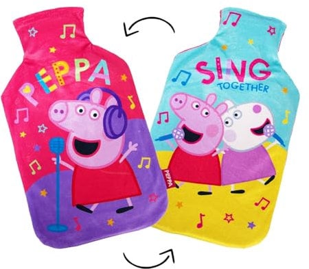 Disney Reversible Hot Water Bottles – Peppa Pig Plush Cover – Natural Rubber 2L Capacity - Peppa Pig Musical Design - Reversible
