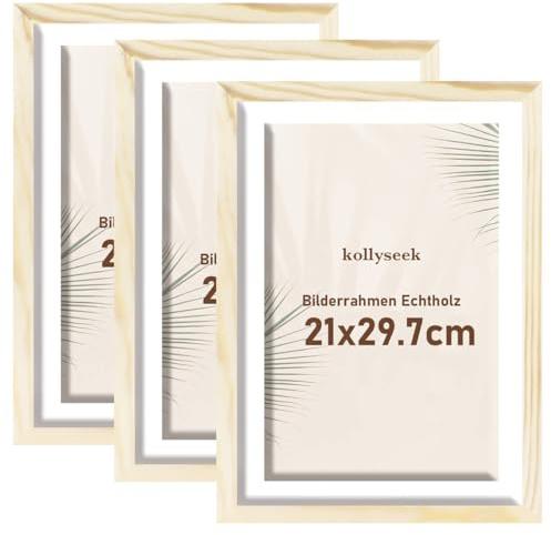 kollyseek Bilderrahmen Din A4(21x29.7cm) Holz 3er Set mit Passepartout Pine Echtholz Rahmen mit Acrylglas Kieferholz Fotorahmen mit Bruchsicherem Acrylglas platten bilderrahmen Wood zimmer deko