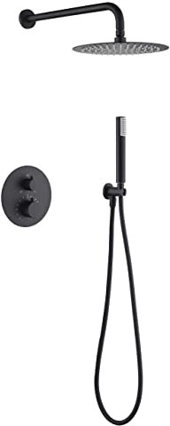 GALYON IMEX Sistema de Ducha Termostático Serie Monza - Rociador Inoxidable Extraplano de 25 cm, Grifería de Latón con Cartucho Termostático y Sistema de Autolimpieza TURN CLEAN (Negro Mate)