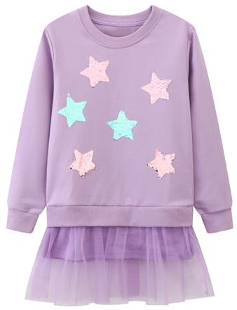 Vckrio Kleider für Mädchen Baumwolle Langarm Lila Kinderkleider mit Sterne Muster Tüll Pailletten Glitzer Pullover Kleid Kinder Rundhals Strick Kleid Herbst Winter Einschulung Partykleid Gr.98-104