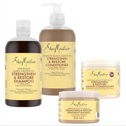 SheaMoisture Set - Huile de Ricin Noir de Jamaïque Shampooing 1 x 384 ml, Après-shampooing 1 x 384 ml, Masque de traitement 1 x 355 ml, Après-shampooing sans rinçage 1 x 431 ml