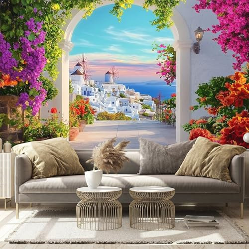 3D Coastal Scene White Columns Blooms - Custom Size Wall Murals Self-Adhesive Removable Large Photo Wallpaper for Living Room, Bedroom, Bathroom, Office, Dining Room, Children's Room
