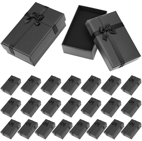 QWORK® 24 Pack Small Black Gift Boxes 8×5×3cm - Jewellery Gift Boxes with Lids & Bow Knot for Rings, Earrings, Necklaces (3.2×2×1.2)