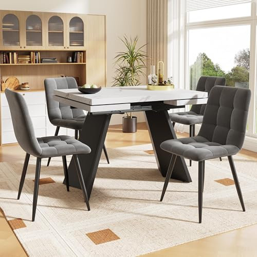 Ebullient Essecke Komplett Set, 160x75cm Esstisch mit 4 Stühlen, Tisch ausziehbar mit 4 Samt-Esszimmerstühlen, Küchentisch mit stühlen ideal für Esszimmer, Küche