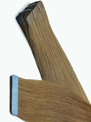 Haartick Wiederverwendbare 100% Echthaar Tape Extensions Dunkelblond 50 cm glattes Haar 5 Tape Haarverlängerung Hair