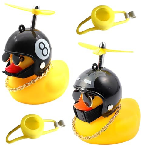 IKOPFLN 2 Stück Fahrrad Quietscheente mit Helm & Propeller, Fahrradklingel Kinder, Fahrradklingel Lustig, Die süße Fahrradhupe, Fahhrad Zubehör, Ente Fahrrad mit Helm