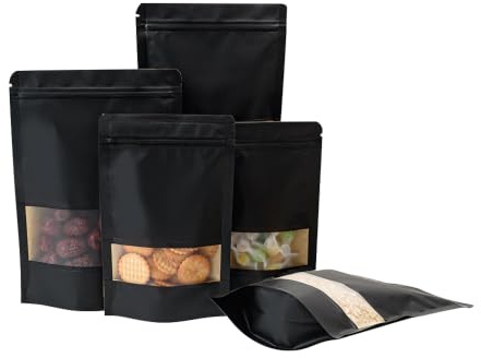 Roppolo 100 Stück 14 x 22 cm Stehende schwarze Kraftpapiertüten mit mattem Fenster, wiederverschließbare Lebensmittelaufbewahrungsbeutel, wiederverwendbar und hitzeversiegelbar für Verpackungen