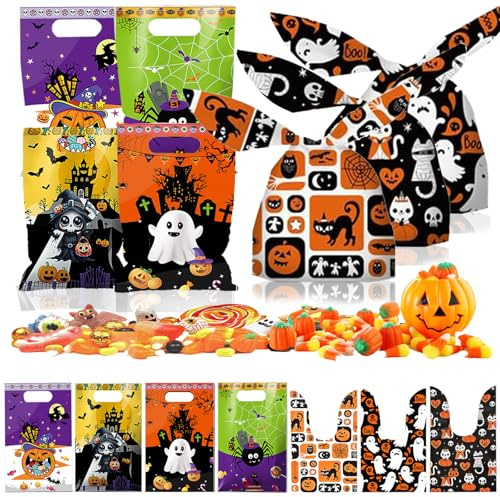 Halloween Tüten für Süßigkeiten, 100 PCS Kleine Halloween Süßigkeiten Tasche 7 Muster Tüten für Kekse, Snacks, Kinder Geschenktüten Beutel für Süßes Oder Saures Partyzubehör