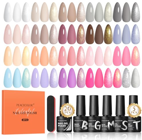 PEACECOLOR 25PCS Gel Nail Polish Set, Brown Nude White Gel Nail Polish Starter Kit with Base Coat and Glitter Matte & Glossy Top Coat, Gels Nail Kit Art Set DIY Home Gifts for Women