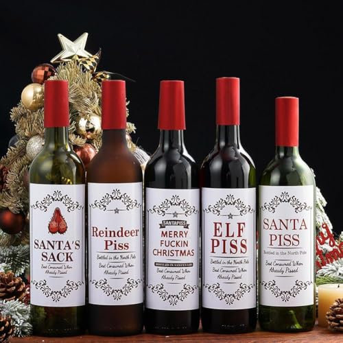pulunto 5pcs Christmas Funny Wine Bottle Labels, Christmas Wine Bottle Label Stickers, Novelty Joke Wine Bottle Labels, Funny Joke Happy Wine Bottle Labels