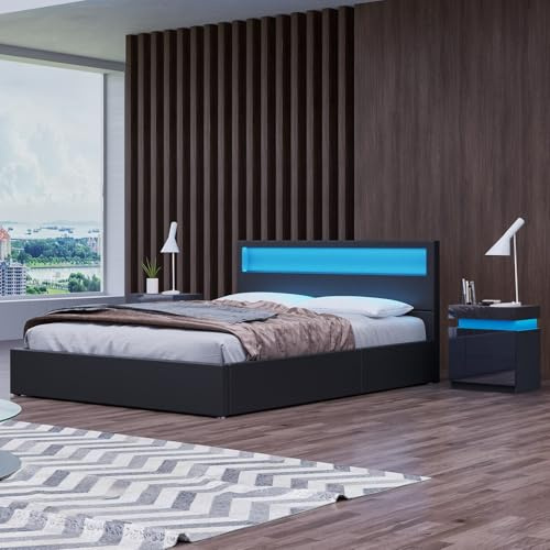 Komtopod Polsterbett Doppelbett 160x200 cm mit LED Beleuchtung, Hydraulisch Stauraumbett Metallbett mit Lattenrost, Bettgestell mit Stauraum (ohne Matratze) (Schwarz, 160x200 cm)