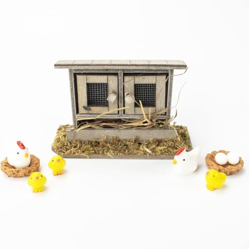 jiejack Miniatur Bauernhof-Set mit Hühnerstall, Hühnern & Eiern – Puppenhaus Zubehör, Deko für Ostern, Weihnachten, Frühling und Feengarten – Ideal für Wichteltür, Krippe und Miniaturlandschaft