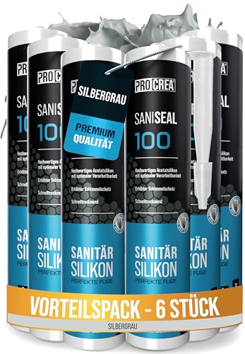 PROCREA® 6x Premium Silikon Saniseal 100 (silbergrau) [Schimmelresistent] Hochwertiges Sanitärsilikon zum abdichten für Fugen in Bad, Dusche & Küche uvm. - Silicon hellgrau - Profi-Qualität