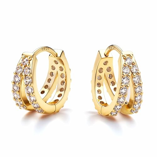 S925 Silver Plated Post Stecker Doppel Ohrringe Creolen Earrings Ohrschmuck | 1 Pair 16K vergoldet/Silber Tone Trendiger Zirkonia Earrings for Women Damen Hypoallergen 20G 8mm,Mit CZ