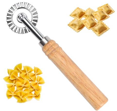 Wavy Stainless Steel Dough Wheel, Wavy, Dough Cutter with Long Wooden Handle, Ravioli Roller, Pasta Wheel Zigzag for Household and Kitchen, 16 cm Length, 4 cm Blade Diameter