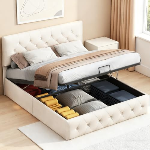 Hoscullo Polsterbett 140×200 cm mit Stauraum, Jugendbett mit Verstellbarem Kopfteil, Doppelbett mit Bettkasten, Boxspringbett, Gepolstertes Stauraumbett, Aprikosenfarbe, Samt