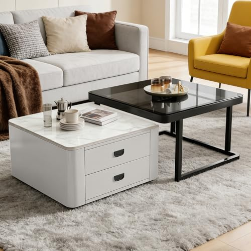 Nesting Coffee Tables Set of 2, Coffee Table with 2 Storage Drawer, Modern Centre Table with Rock Slab and Tempered Glass for Living Room, Office, Balcony, Square White