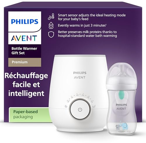 Philips Avent Flaschenwärmer Geschenkset – Schneller Premium-Flaschenwärmer und Natural Response Babyflasche, intelligente Temperaturregelung, automatische Abschaltung, Auftaufunktion, SCF358/10