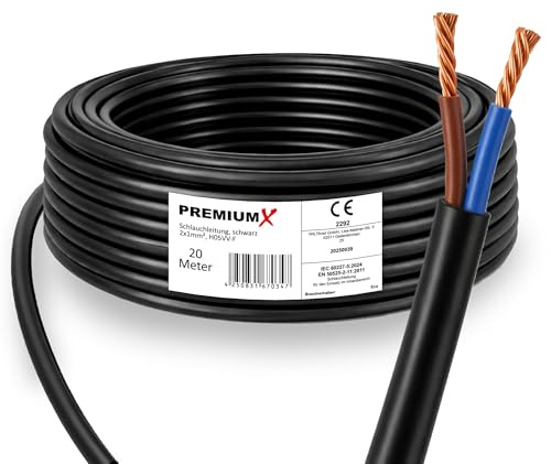 Premium X Manguera H05VV-F 2 × 1 mm² – Cable de conexión flexible de PVC para conexiones eléctricas en interiores – 20 metros