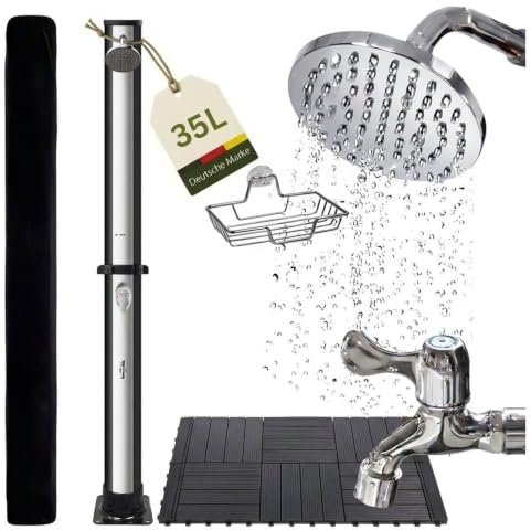 novaterra® Solardusche 35L Schwarz/Silber mit Regendusche & Fußdusche