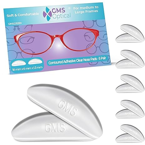 GMS Optical Adhesive Silicone Nose Pads for Glasses |1.3mm Ultra-Thin, 18mm Large | Non Slip Glasses Grips for, Sunglasses and Eyewear w/Super Sticky Backing, Eyeglass Accessories (5 Pairs, Clear)