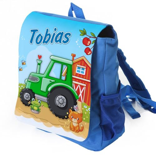 Unikatolo Werbetreff Gera Kinder-Rucksack mit Name - Personalisierter Kindergarten-Rucksack - Kita-Tasche - bedruckt - Geschenk-Idee Junge - Traktor - Grün