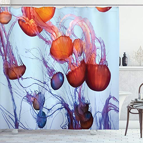 ABAKUHAUS Nautisch Duschvorhang, Quallen im Ozean, Stoffliches Gewebe Badezimmerdekorationsset mit Haken, 175 x 220 cm, Pale Blue Rust