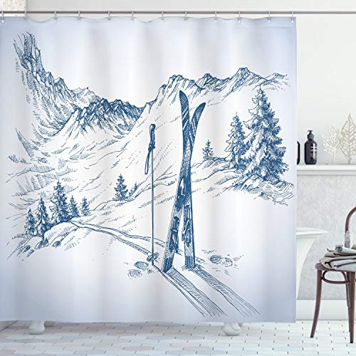 ABAKUHAUS Hiver Rideau de Douche, Paysage de Montagnes enneigées, Tissu Ensemble de Décor de Salle de Bain avec Crochets, 175 cm x 200 cm, Sombre Essence Bleu Blanc