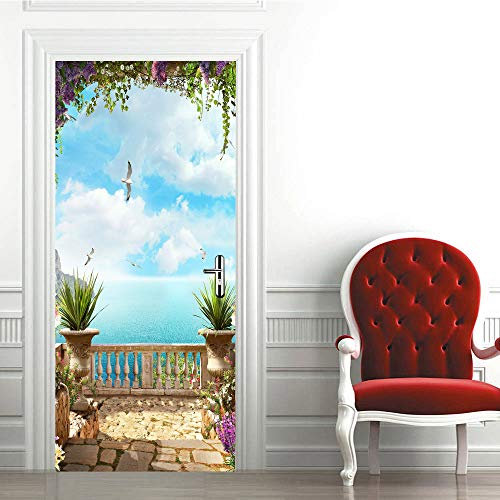 LCHZD Türtapete Selbstklebend Türposter Türfolie 3D PVC Türtapeten Türaufkleber Türsticker Blauer Himmel Und Weißer Wolkenbalkon 90 * 200Cm