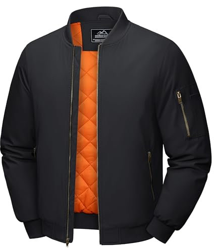 MAGCOMSEN Herren Winterjacke Bomber Armee Fleecejacke Dick Casual Übergangsjacke Männer Gefüttert College Jacke mit Stehkragen Verdickt Classic Fliegerjacke Schwarz L