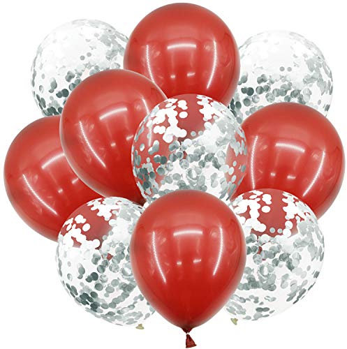 Oblique Unique® Konfetti Luftballon Set für Geburtstag Feier Jubiläum Hochzeit JGA Party Einschulung Deko Ballons Rot Silber