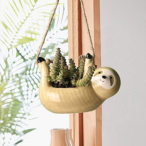 DOITOOL Petit Pot de Fleurs à Suspendre en céramique - Motif Paresseux - pour Plantes succulentes - en Porcelaine - pour la Maison, Le Bureau - Jaune