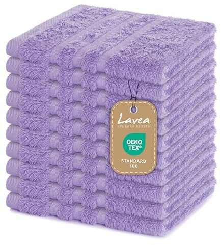 Lavea 10er Set Seiftuch 30x30 cm – Hochwertige Gästehandtücher 30x30 aus 100% Baumwolle, Frottierserie Elena – Saugstark, Waschbar und Strapazierfähig - Lavendel