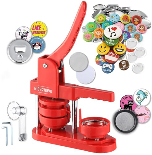 Nice2Have Machine à boutons 58 mm, 100 boutons, 5 décapsuleurs, 5 aimants de réfrigérateur, plus de 500 modèles gratuits, emporte-pièce et livre magique, machine à épingler sans installation