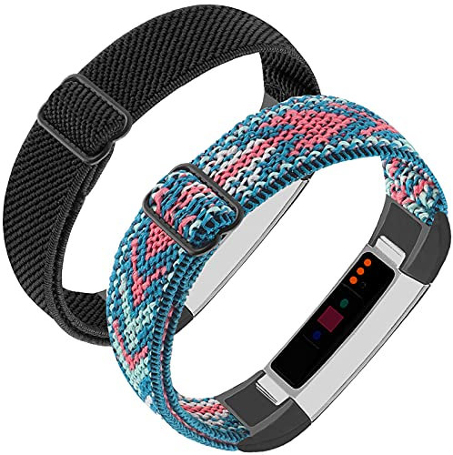 Verstellbare, elastische Nylonbänder, kompatibel mit Fitbit Alta und Alta HR Fitness-Tracker, 2 Stück, geflochtenes, Uhrenarmband, Sport-Ersatzband für Damen und Herren (Smaragdpfeil/Köperschwarz)