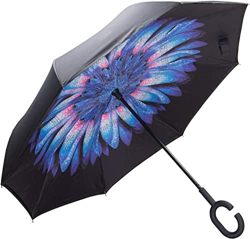 NNY Inc Double Layer Inverted Umbrella Cars Reverse Open Folding Umbrellas, Windproof UV Protection Large Self Stand Upside Down Straight Umbrella for Golf Women and Men with C-Shaped (Blue Daisy)