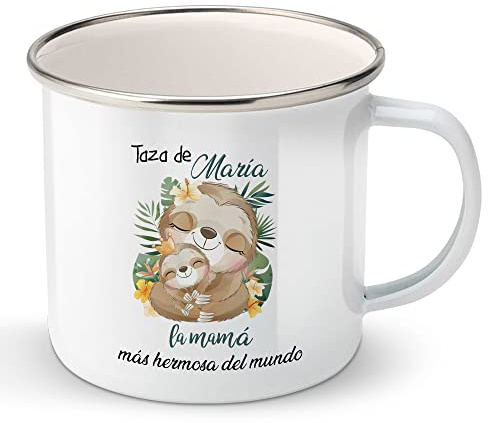 Taza de metal personalizada día de la madre con nombre, frase o mensaje, una original idea para regalar a mamá (Perezoso abrazado hermosa)