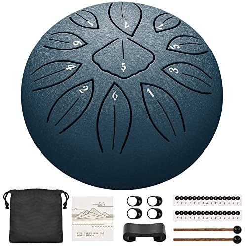 LEKATO Steel Tongue Drum, 6 Zoll 11 Tone C Zungentrommel Schlagzeug, Steel Pan Töne Schlaginstrument Hand Pan Drum für Meditation Yoga Klangheilung, Navy blau