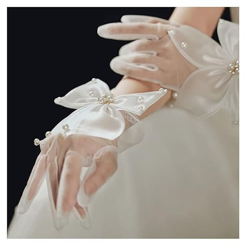 SHTGOI 1 Paar Hochzeit Brauthandschuh Kurze Weiße Perlen Tüll Handschuhe mit Schleife Partyhandschuh Brauthandschuhe Braut Zubehör für Hochzeitsbankett Abendkleid Foto-Shooting