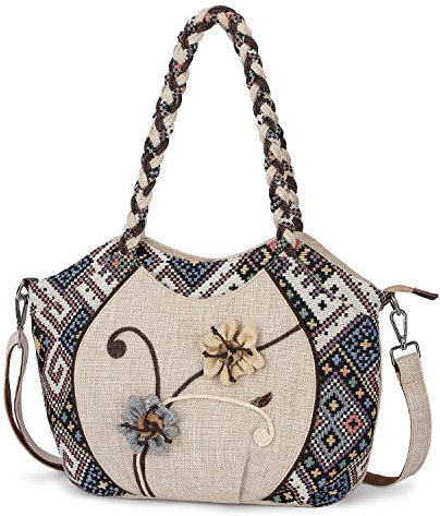 Auluda Boho Ethnische Umhängetasche, Hobo Umhängetasche, Damen-Leinentasche mit verstellbarem langem Schultergurt. Vintage gestickte Blume große Kapazität Dumpling Bag für Frauen und Mädchen