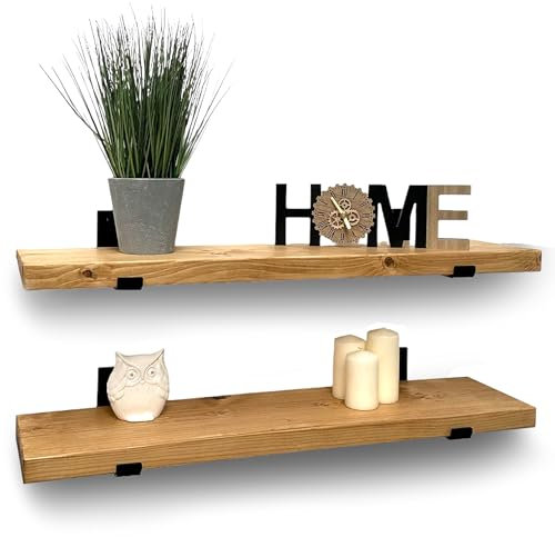 Handcrafted Rustic Wooden Shelves Wall-Mounted Floating Shelves with Seated Black L Brackets, Made from Reclaimed Timber - Ideal for Bathroom or Living Room Decor (Set of 2, 50 cm Long)