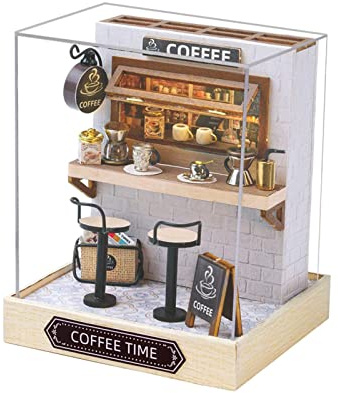 Generic Miniature Dolls House Kits Mini Handmade House Model DIY Crafts Tiny Building Kits Decorations Wood Doll House Model for Birthday Gift Kids, Coffee Time