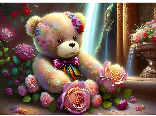 EOBROMD Diamond Painting Blumen, 5D Diamant Painting Bilder für Erwachsene Bär, DIY Rosen Diamant Malerei Set für Wanddekoration 30x40 cm